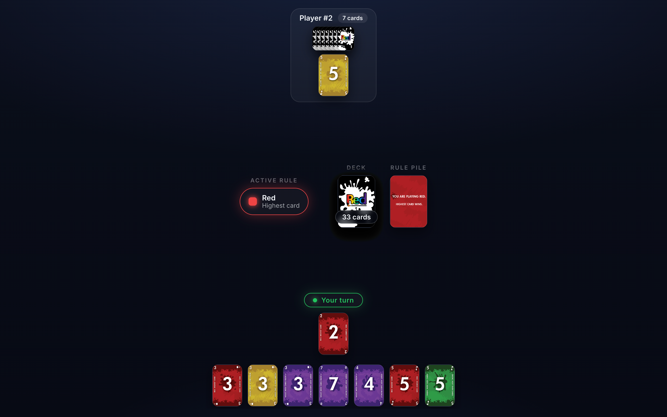 Red7 online card game mid-match: an opponent's hand, the active rule card, the deck and rule pile, a your-turn indicator, and the player's seven-card hand